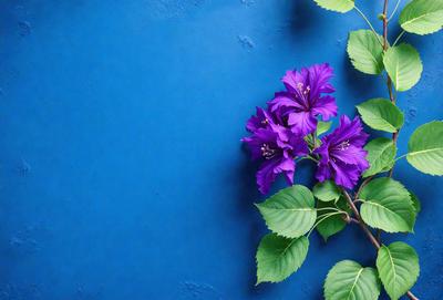 Purple flowers on a blue wall.