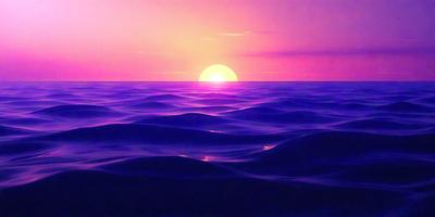 The primary subject of the image is a beautiful sunset over the ocean. The sun is setting behind the ocean, casting a warm glow on the water. The setting is a vast expanse of blue ocean, with the sun's rays reflecting off the water, creating a serene and picturesque scene. The visual style of the image is a combination of photo and digital art, with the sunset and ocean waves depicted in a realistic manner. The colors and mood of the image are predominantly blue and cal