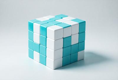 The primary subject of the image is a blue and white cube, which is a three-dimensional puzzle. The cube is placed on a white surface, which serves as the setting or background. The visual style of the image is a photo, capturing the intricate details of the puzzle. The dominant colors in the image are blue and white, creating a sense of calm and focus.