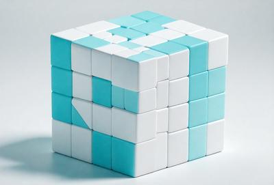 The primary subject of the image is a blue and white cube, which is a three-dimensional puzzle. The cube is made up of smaller squares, and it is placed on a white surface. The setting appears to be a room with a white background, which provides a clean and minimalistic environment for the puzzle. The visual style of the image is a close-up of the cube, showcasing its intricate design and structure. The dominant colors in the image are blue and white, creating a sense of calmness and focus on