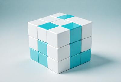 The primary subject of the image is a blue and white cube, which is the main object, scene, or focus of the image. The setting is a white surface, and the visual style is a photo. The dominant colors are blue and white, creating a calm and soothing atmosphere.