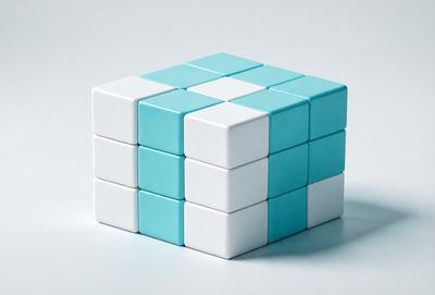 The primary subject of the image is a blue and white cube, which is the main object, scene, or focus of the image. The setting is a white background, and the visual style is a photo. The dominant colors are blue and white, creating a calm and soothing atmosphere.
