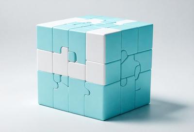 The primary subject of the image is a blue and white puzzle cube. The setting is a white background, and the visual style is a photo. The dominant colors are blue and white, creating a calm and soothing atmosphere.
