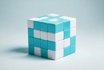 The primary subject of the image is a blue and white cube, which is the main object, scene, or focus of the image. The setting is a white background, and the visual style is a photo. The dominant colors are blue and white, creating a calm and soothing atmosphere.