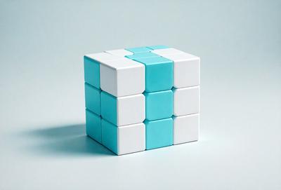 The primary subject of the image is a blue and white cube, which is the main object, scene, or focus of the image. The setting is a white background, and the visual style is a photo. The dominant colors are blue and white, creating a calm and soothing atmosphere.