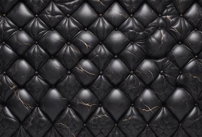 The primary subject of the image is a black leather couch with a patterned design. The setting is a room with a black background, and the visual style is a close-up of the couch. The colors and mood of the image are dark and moody, with the black leather couch being the main focal point.