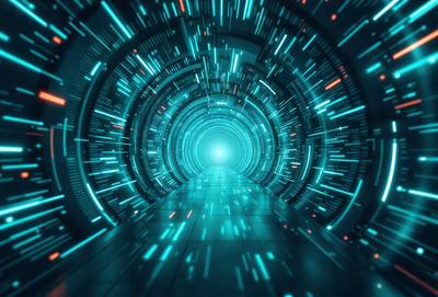 The primary subject of the image is a tunnel-like structure with a blue light illuminating it. The setting is a futuristic environment, possibly a space station or a high-tech facility. The visual style is a combination of digital art and illustration, creating a vibrant and dynamic atmosphere. The dominant colors are blue and green, giving the scene a sense of depth and motion.