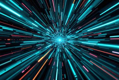 The primary subject of the image is a brightly colored, neon-lit tunnel. The setting is a futuristic environment, with the tunnel's walls and ceiling illuminated by a blue light. The visual style is a combination of digital art and illustration, creating a vibrant and dynamic scene. The colors and mood of the image are predominantly blue and futuristic, evoking a sense of speed and movement.