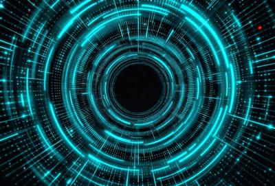 The primary subject of the image is a large, blue, circular object with a black center. The setting is a futuristic environment, possibly a space station or a high-tech facility. The visual style is a combination of digital art and illustration, creating a unique and captivating scene. The dominant colors are blue and black, giving the image a sleek and modern appearance.