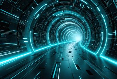 The primary subject of the image is a futuristic tunnel with a blue lighting effect. The tunnel appears to be a part of a larger structure, possibly a space station or a transportation system. The setting is a dark, futuristic environment, which adds to the overall mood of the image. The visual style of the image is a combination of digital art and illustration, creating a unique and captivating scene.