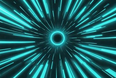 The primary subject of the image is a brightly colored, swirling, and spiraling light. The setting is a dark background, which contrasts with the light. The visual style is a digital art or illustration, creating a dynamic and vibrant atmosphere. The colors and mood are predominantly blue and green, giving the image a futuristic and energetic feel.