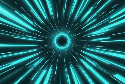 The primary subject of the image is a brightly colored, swirling, and spiraling light. The setting is a dark background, which contrasts with the light. The visual style is a digital art or illustration, creating a dynamic and vibrant atmosphere. The colors and mood are predominantly blue and green, giving the image a futuristic and energetic feel.