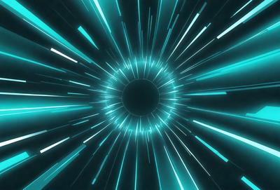 The primary subject of the image is a brightly colored, neon-lit tunnel. The setting is a dark background, which contrasts with the vibrant colors of the tunnel. The visual style is a digital art or illustration, creating a futuristic and dynamic atmosphere. The dominant colors are blue and green, with the blue lighting illuminating the tunnel and the green hues adding depth and contrast to the scene.