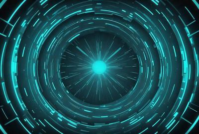 The primary subject of the image is a blue circle with a bright light in the center. The circle appears to be a part of a larger, more complex design. The setting is a dark background, which contrasts with the bright light in the center of the circle. The visual style is a combination of digital art and illustration, creating a unique and eye-catching design. The colors and mood of the image are predominantly blue and bright, giving it a futuristic and dynamic feel.