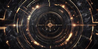 The primary subject of the image is a circular object with a gold and black color scheme. The setting is a dark background, which contrasts with the bright gold and black colors of the circular object. The visual style appears to be a combination of digital art and illustration, creating a unique and intriguing design. The overall atmosphere of the image is mysterious and captivating, with the circular object serving as the focal point.