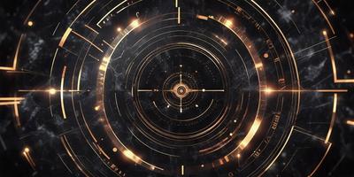 The primary subject of the image is a clock with a gold and black color scheme. The clock is set against a black background, giving it a contrasting appearance. The visual style of the image is a combination of digital art and illustration, creating a unique and intricate design. The colors and mood of the image are predominantly gold and black, giving it a sophisticated and elegant appearance.