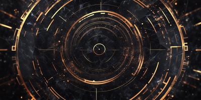 The primary subject of the image is a circular object, possibly a clock or a piece of art, with a gold and black color scheme. The setting is a black background, which contrasts with the gold and black colors of the circular object. The visual style appears to be a combination of digital art and illustration, creating a unique and intriguing design. The overall atmosphere of the image is elegant and sophisticated, with the gold and black colors evoking a sense of luxury and refinement.