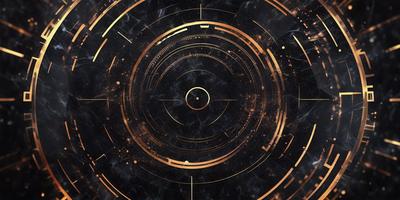 The primary subject of the image is a circular object, possibly a clock or a piece of art, with a gold and black color scheme. The setting is a black background, which contrasts with the gold and black colors of the circular object. The visual style appears to be a combination of digital art and illustration, creating a unique and intriguing design. The overall atmosphere of the image is elegant and sophisticated, with the gold and black colors evoking a sense of luxury and refinement.