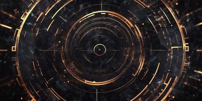 The primary subject of the image is a circular object, possibly a clock or a piece of art, with a gold and black color scheme. The setting is a black background, which contrasts with the gold and black colors of the circular object. The visual style appears to be a combination of digital art and illustration, creating a unique and intriguing design. The overall atmosphere of the image is elegant and sophisticated, with the gold and black colors evoking a sense of luxury and refinement.