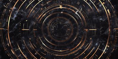 The primary subject of the image is a clock with a gold and black color scheme. The clock is set against a black background, giving it a contrasting appearance. The visual style of the image is a combination of digital art and illustration, creating a unique and intricate design. The colors and mood of the image are dark and mysterious, with the gold accents adding a touch of warmth and sophistication.