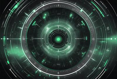 The primary subject of the image is a futuristic clock with a green background. The clock is surrounded by a circular pattern, and it appears to be a digital art or illustration. The visual style of the image is futuristic, and the colors and mood are predominantly green, giving the scene a sense of technology and innovation.