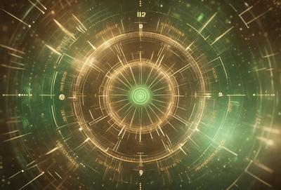 The primary subject of the image is a clock with a green circle in the center. The clock is surrounded by a green background, giving it a unique and eye-catching appearance. The visual style of the image is a combination of digital art and illustration, creating a futuristic and modern look. The colors and mood of the image are predominantly green, with the green circle in the center adding a touch of vibrancy and energy to the scene.