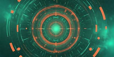 The primary subject of the image is a green and orange circle with a patterned background. The setting is a futuristic environment, possibly a space station or a high-tech facility. The visual style is a combination of digital art and illustration, creating a unique and captivating design. The dominant colors are green and orange, which contribute to the overall mood of the image, evoking a sense of excitement and adventure.