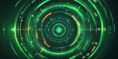 The primary subject of the image is a green, circular, digital artwork with a clock face. The setting is a futuristic, technological environment, and the visual style is a combination of digital art and illustration. The dominant colors are green and yellow, creating a vibrant and futuristic atmosphere.