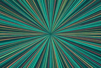 The primary subject of the image is a brightly colored, swirling pattern that resembles a star or a galaxy. The setting is a dark background, which contrasts with the vibrant colors of the pattern. The visual style appears to be a combination of digital art and illustration, creating a dynamic and eye-catching design. The dominant colors are green, blue, and yellow, which contribute to a lively and energetic atmosphere.