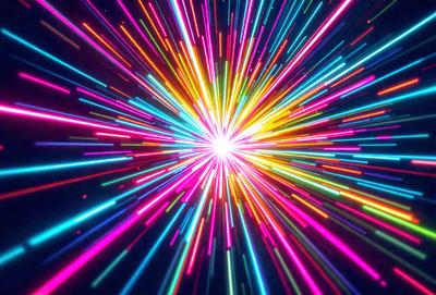 The primary subject of the image is a brightly colored, colorful explosion. The setting is a dark background, which contrasts with the vibrant colors of the explosion. The visual style is a combination of photo and digital art, creating a dynamic and eye-catching scene. The colors and mood of the image are predominantly bright and energetic, with the explosion's colors creating a sense of excitement and energy.