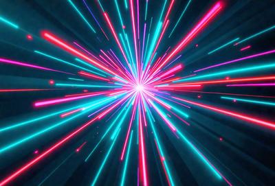 The primary subject of the image is a brightly colored, neon-like explosion of light. The setting is a dark background, which contrasts with the vibrant colors of the light. The visual style appears to be a digital art or illustration, as the light appears to be a pattern or texture. The colors and mood of the image are energetic, lively, and dynamic, with the bright colors creating a sense of excitement and movement.