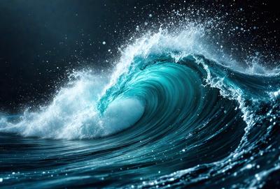 The primary subject of the image is a large, blue ocean wave. The wave is crashing down, creating a powerful and dynamic scene. The setting is the ocean, with the wave being the main focus of the image. The visual style is a photo, capturing the natural beauty of the ocean and its waves. The dominant colors are blue and white, creating a serene and calming atmosphere.