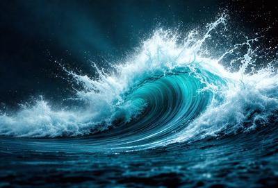 The primary subject of the image is a large wave in the ocean. The wave is crashing down, creating a powerful and dynamic scene. The setting is the ocean, with the wave being the main focus of the image. The visual style is a photo, capturing the natural beauty of the ocean and the force of the wave. The colors and mood of the image are predominantly blue, with the wave and the ocean creating a sense of depth and tranquility.