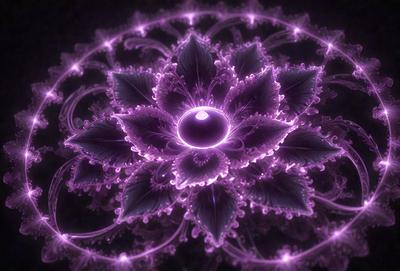The primary subject of the image is a purple flower with a purple center, surrounded by purple petals. The flower is set against a purple background, which adds to the overall mood of the image. The visual style of the image is a combination of photo and digital art, creating a unique and eye-catching display. The colors and mood of the image are predominantly purple, giving it a calming and serene atmosphere.
