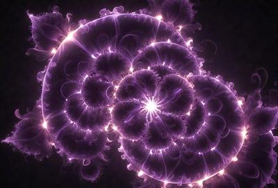 The primary subject of the image is a purple flower with a bright purple center. The flower is surrounded by a purple background, which adds to the overall visual style. The image appears to be a digital art or illustration, as it features a vibrant and colorful design. The dominant colors in the image are purple and bright purple, creating a mood of elegance and beauty.