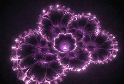 The primary subject of the image is a purple flower with a pink center, surrounded by a purple background. The visual style of the image is a combination of photo and digital art, creating a unique and eye-catching design. The colors and mood of the image are predominantly purple and pink, giving it a vibrant and lively atmosphere.