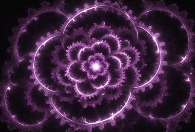 The primary subject of the image is a purple flower with a yellow center, surrounded by a purple background. The visual style of the image is a digital art or illustration, with a purple and pink color scheme that creates a calm and serene atmosphere.