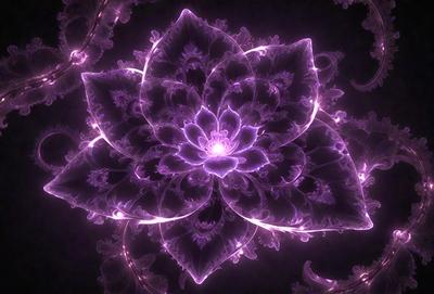 The primary subject of the image is a purple flower with a pink center, surrounded by a purple background. The visual style of the image is a combination of photo and digital art, creating a unique and artistic representation of the flower. The colors and mood of the image are predominantly purple and pink, giving it a soft and elegant appearance.