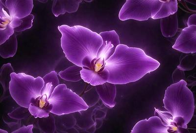The primary subject of the image is a group of purple orchids. They are the main focus of the image, and they are displayed in a visually appealing manner. The setting is a dark background, which contrasts with the vibrant purple orchids. The visual style of the image is a close-up of the orchids, showcasing their details and beauty. The colors and mood of the image are predominantly purple, creating a serene and elegant atmosphere.