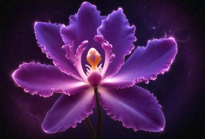The primary subject of the image is a purple flower with a yellow center. The flower is the focal point of the scene, and it is set against a dark background. The visual style of the image is a close-up of the flower, showcasing its details and colors. The dominant colors in the image are purple and yellow, creating a vibrant and lively atmosphere.