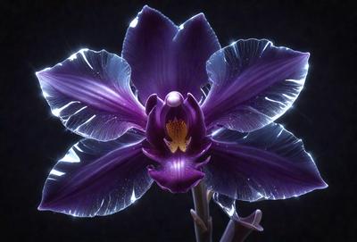 The primary subject of the image is a purple flower with a yellow center, which is the main focus of the image. The setting is a dark room, and the visual style appears to be a photo. The dominant colors in the image are purple and yellow, creating a mood of elegance and warmth.