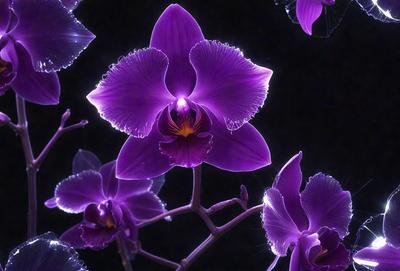 Purple orchid flower with purple petals and a yellow center. The flower is in a dark setting, possibly a nighttime garden. The image has a digital art or illustration style, with a focus on the flower and its details. The colors in the image are predominantly purple and black, creating a moody and dramatic atmosphere.