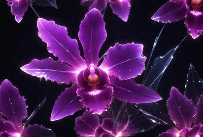 The primary subject of the image is a purple flower with a yellow center. The flower is surrounded by other purple flowers, creating a visually appealing scene. The setting appears to be a dark room, with the flowers being the main focus of the image. The visual style is a close-up of the flower, showcasing its details and beauty. The dominant colors in the image are purple and yellow, creating a calm and serene atmosphere.