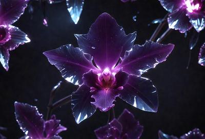 The primary subject of the image is a purple orchid flower. The setting is a dark room, and the visual style appears to be a digital art or illustration. The orchid is the main focus of the image, and its purple color and intricate design create a mood of elegance and beauty.