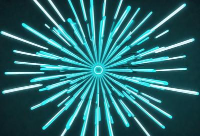 The primary subject of the image is a brightly lit, colorful display of blue and white lights. The setting is a dark background, which contrasts with the vibrant colors of the lights. The visual style appears to be a digital art or illustration, as the lights are arranged in a pattern that resembles a starburst. The colors and mood of the image are energetic and lively, with the blue and white lights creating a sense of excitement and dynamism.