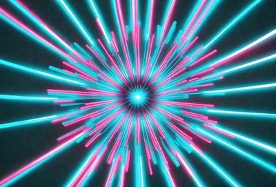 The primary subject of the image is a brightly colored, neon-lit, pink and blue circle. The circle is the main object, scene, or focus of the image. The setting or background is a dark, starry sky, which contrasts with the vibrant colors of the circle. The visual style of the image is a combination of photo and digital art, creating a unique and eye-catching effect. The dominant colors of the image are pink and blue, giving it a lively and energetic atmosphere