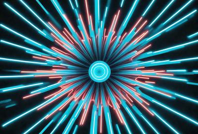 The primary subject of the image is a brightly colored, neon-lit, and glowing circle. The circle is surrounded by a blue background, which adds to the vibrant and lively atmosphere of the scene. The visual style of the image is a combination of photo and digital art, creating a unique and eye-catching display. The colors and mood of the image are predominantly blue and bright, evoking a sense of excitement and energy.