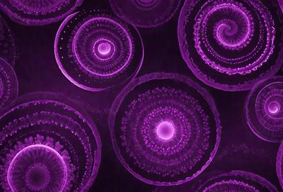 The primary subject of the image is a purple and white spiral pattern. The setting is a dark background, which contrasts with the vibrant colors of the spiral pattern. The visual style appears to be a combination of digital art and illustration, creating a unique and eye-catching design. The dominant colors are purple and white, giving the image a calming and serene atmosphere.