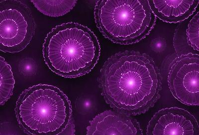 The primary subject of the image is a pattern of purple flowers, which are the main objects in the scene. The setting is a purple background, which creates a visually striking contrast with the flowers. The visual style of the image is a combination of photo and digital art, as it appears to be a close-up of the flowers against a purple background. The colors and mood of the image are predominantly purple, giving it a calm and serene atmosphere.