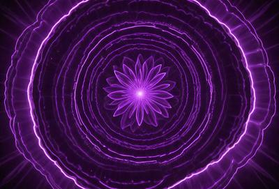 The primary subject of the image is a purple flower with a yellow center, which is the focal point of the scene. The setting is a purple background, which complements the flower's color. The visual style is a digital art, as the flower appears to be a part of a larger, abstract design. The dominant colors are purple and yellow, creating a calming and serene atmosphere.